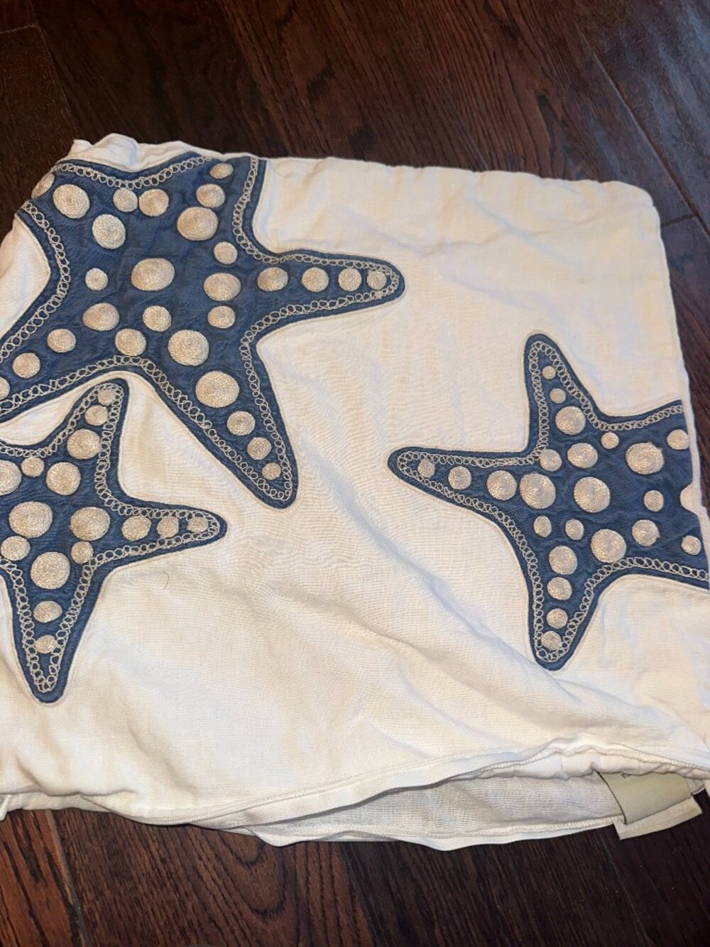 Pottery Barn Blue Starfish Embroidered Linen Throw Pillow Cover